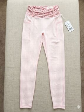 Girls' Pink Gingham Leggings with Ruched Waistband